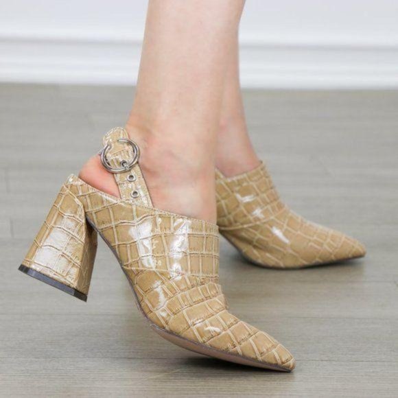 Nude Pointy Toe Faux Croc Print Ankle Boots - Picture 4 of 8